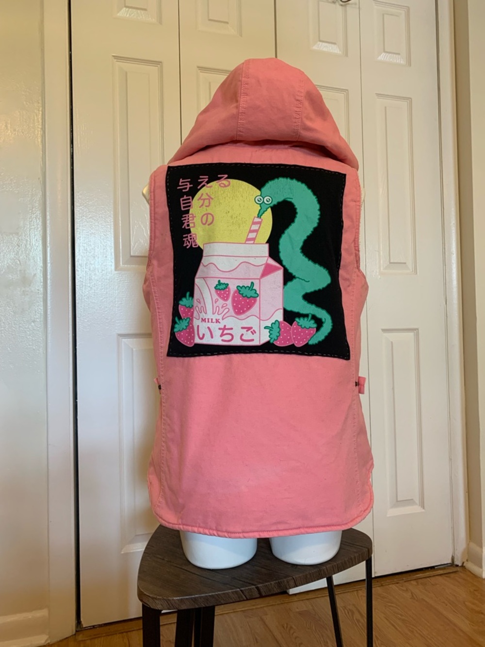 Pink Hooded Sleeveless Denim Vest with Strawberry Milk Patch